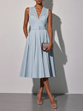 Light Blue Lace V Neck Sleeveless A-Line Midi Dress