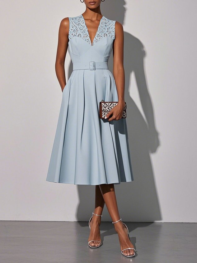 Light Blue Lace V Neck Sleeveless A-Line Midi Dress
