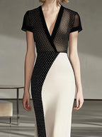 Elegant Black Polka Dot Mesh Sleeve Dress