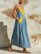 Two-Tone Denim Slip Maxi Dress With Pockets