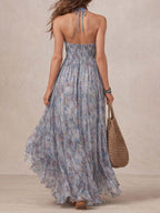 Bohemian Halter Smocked Floral Tiered Maxi Dress