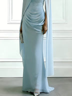 Light Blue 3D Floral Chiffon Boat Neck Cap Sleeve Sheath Gown Dress