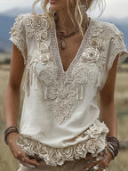 Women's White Rose Embroidery Art V-neck Short Sleeve Linen Blend T-shirt