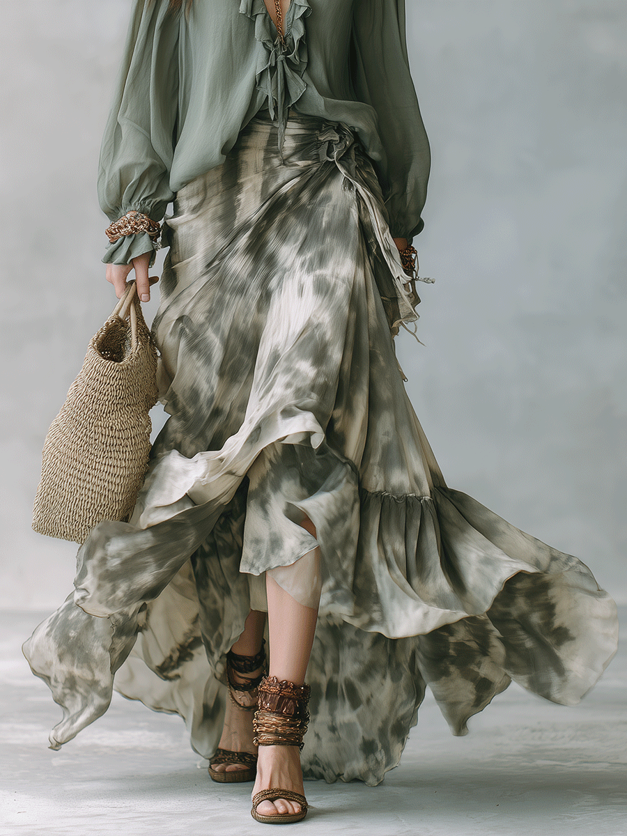 Bohemian Tie-Dye Ruffle Blouse & Flowing Maxi Skirt Set
