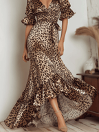 Elegance Leopard Satin Ruffle Maxi Dress