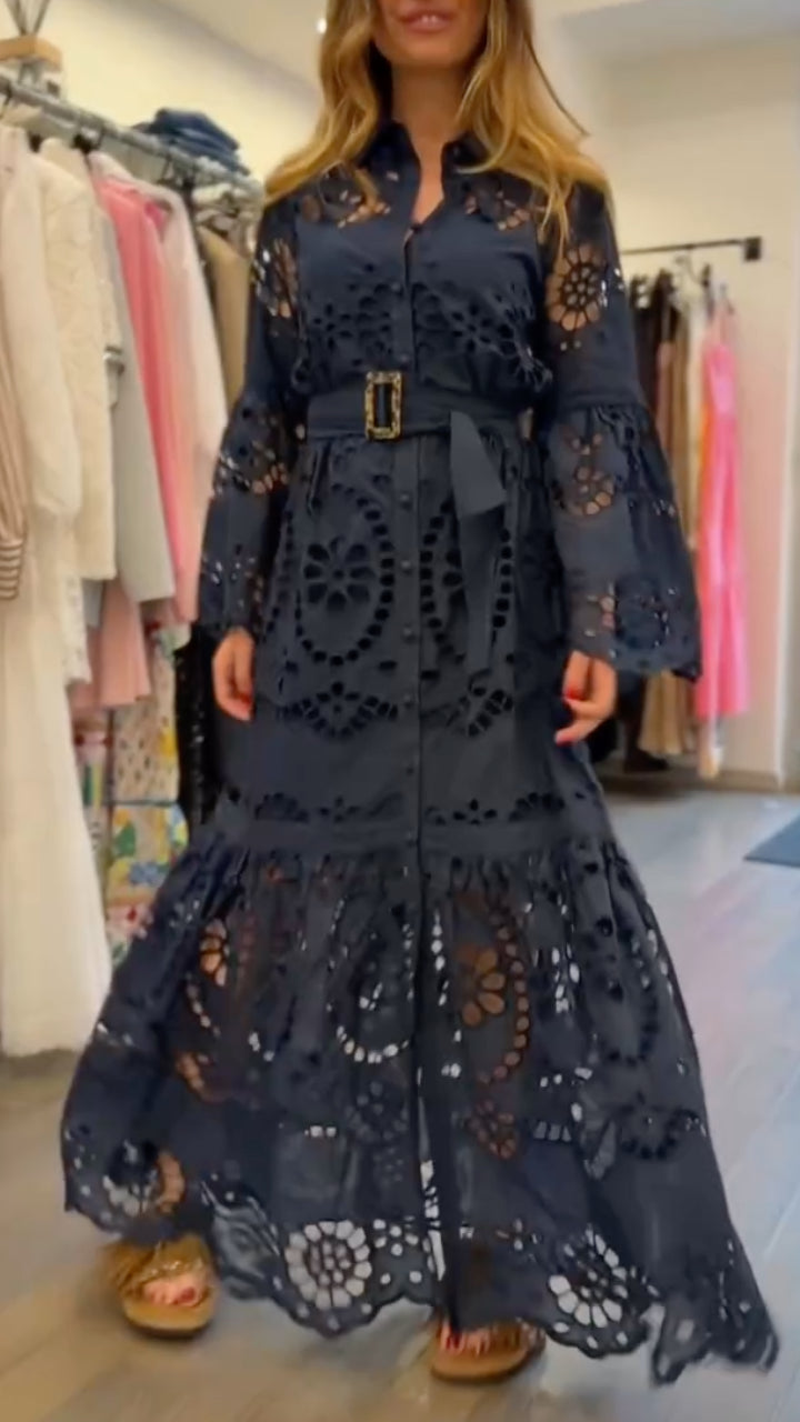 Eyelet Embroidery Belted Shirt Maxi Dress