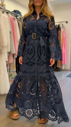 Eyelet Embroidery Belted Shirt Maxi Dress