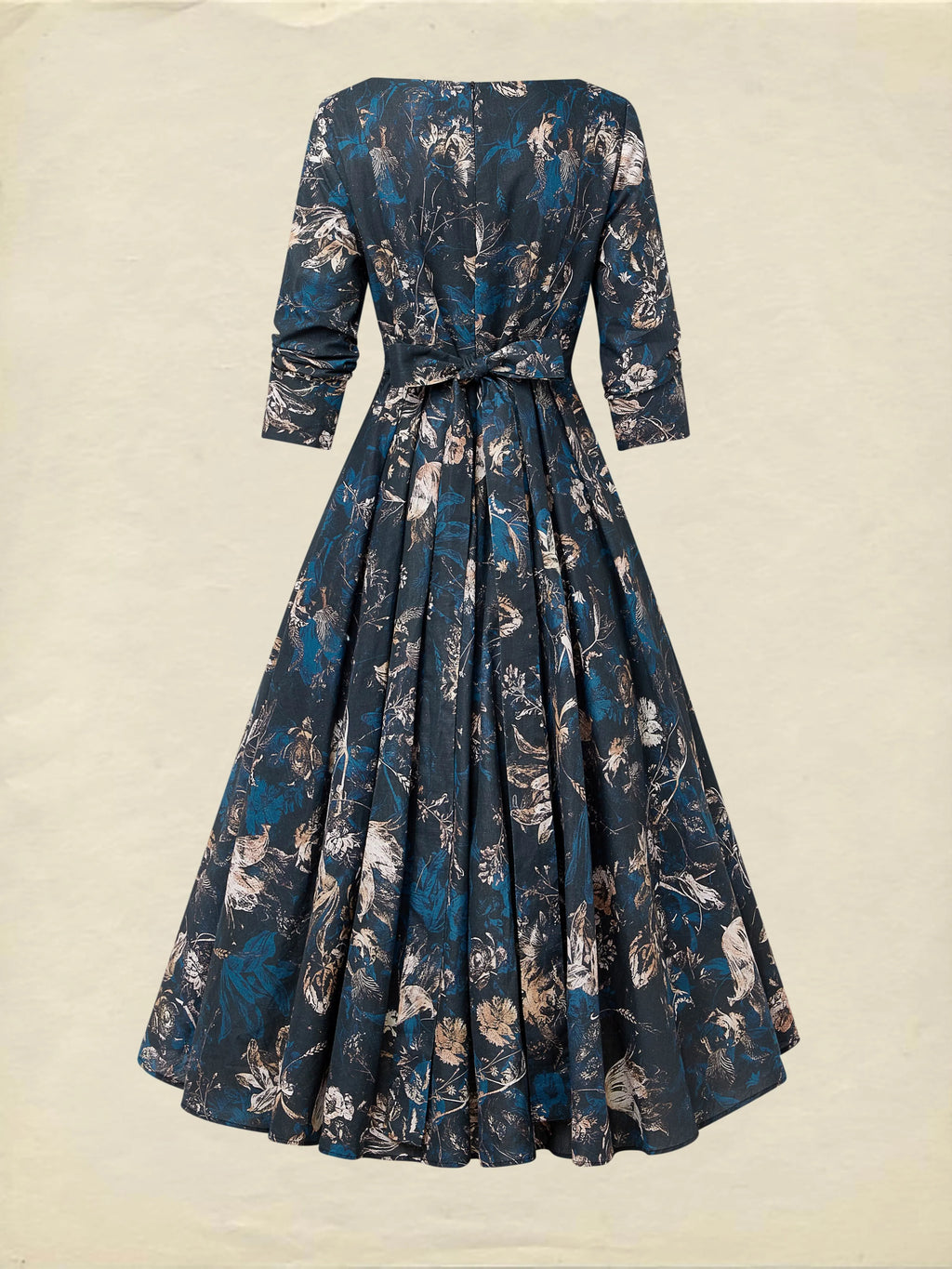 Midi Linen Dress, Long Sleeves, V Neck, Floral, Button Design, Vintage, Deep Blue