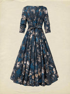 Midi Linen Dress, Long Sleeves, V Neck, Floral, Button Design, Vintage, Deep Blue