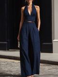 Navy Blue Pinstripe Halter Neck Crop Top & High Waisted Wide Leg Pants Two-Piece Set