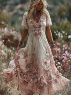 Women's Vintage Boho Pink Roses Floral Flowy Linen Maxi Dress