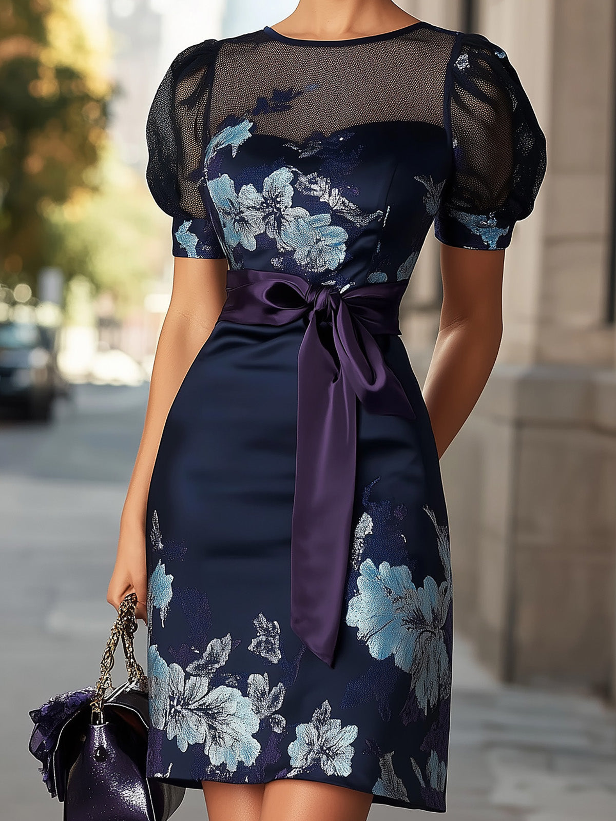 Navy Blue Satin Dress With Floral Print And Purple Sash