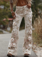 Women's Classic Rose Floral Embroidery Art Loose Jeans
