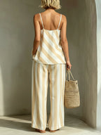 Beige & White Stripe Cami Top & Wide-Leg Pants Two-Piece Set