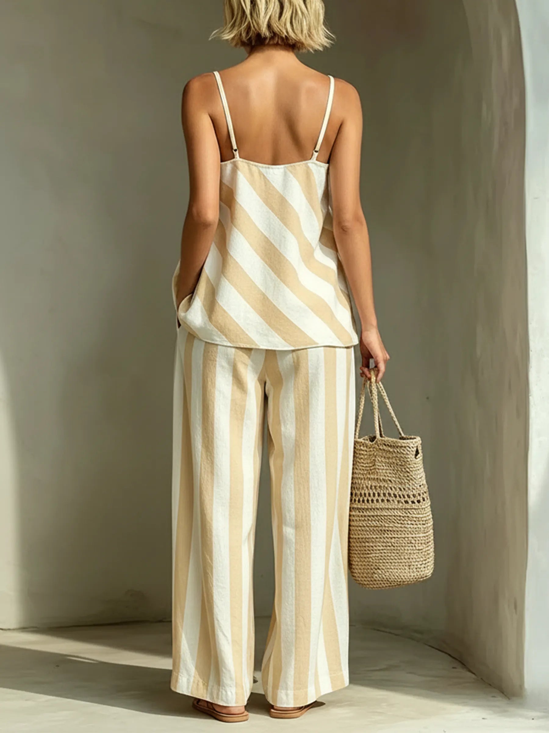 Beige & White Stripe Cami Top & Wide-Leg Pants Two-Piece Set