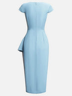Light Blue Ruched Asymmetric Classic Cowl Neck Cap Sleeve Sheath Midi Dress