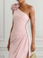 Pink 3D Floral Rhinestone Classic One Shoulder Sleeveless Sheath Maxi Dress