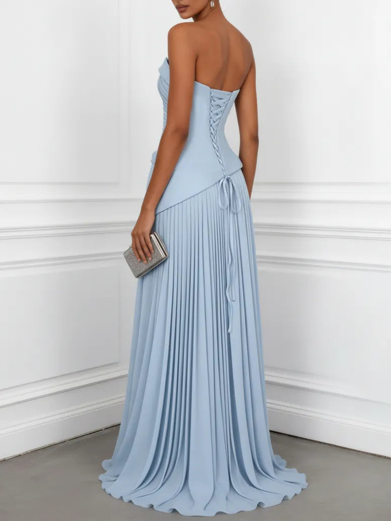 Light Blue Ruched Classic Strapless Sleeveless A-Line Gown Dress