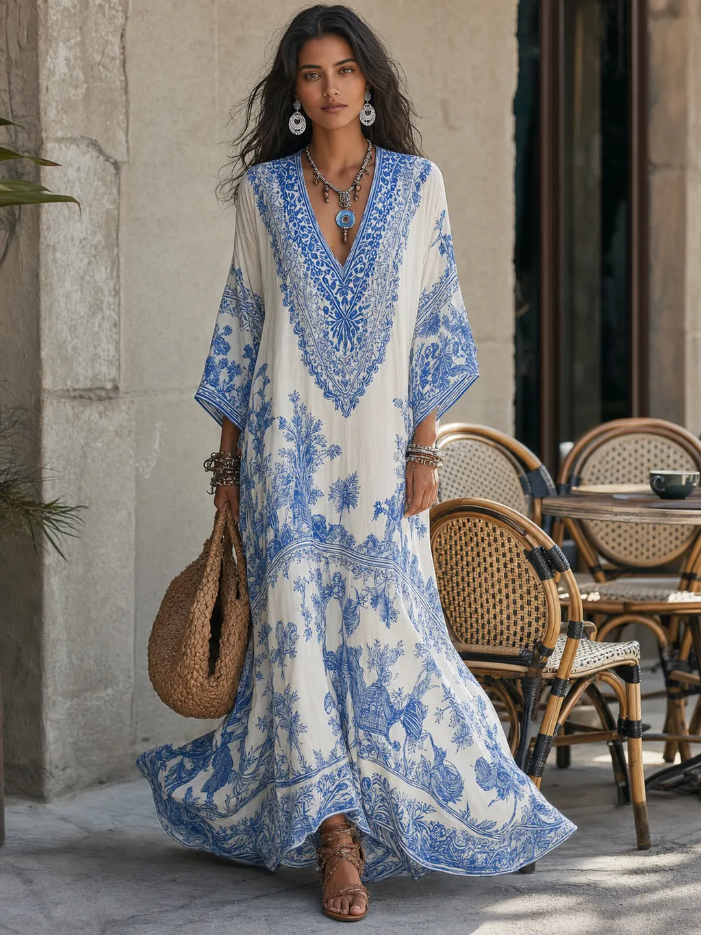 Refined Blue Porcelain Print V-Neck Kaftan Dress