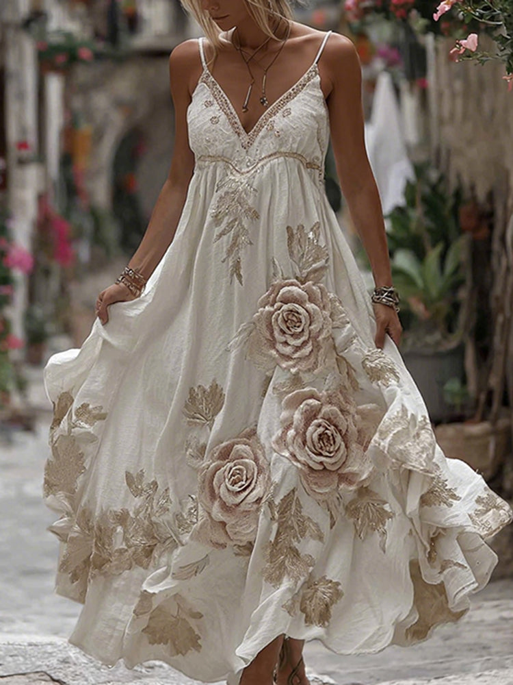 Women's Floral Roses Art Print Flowy Linen Blend Casual Suspender Maxi Dress