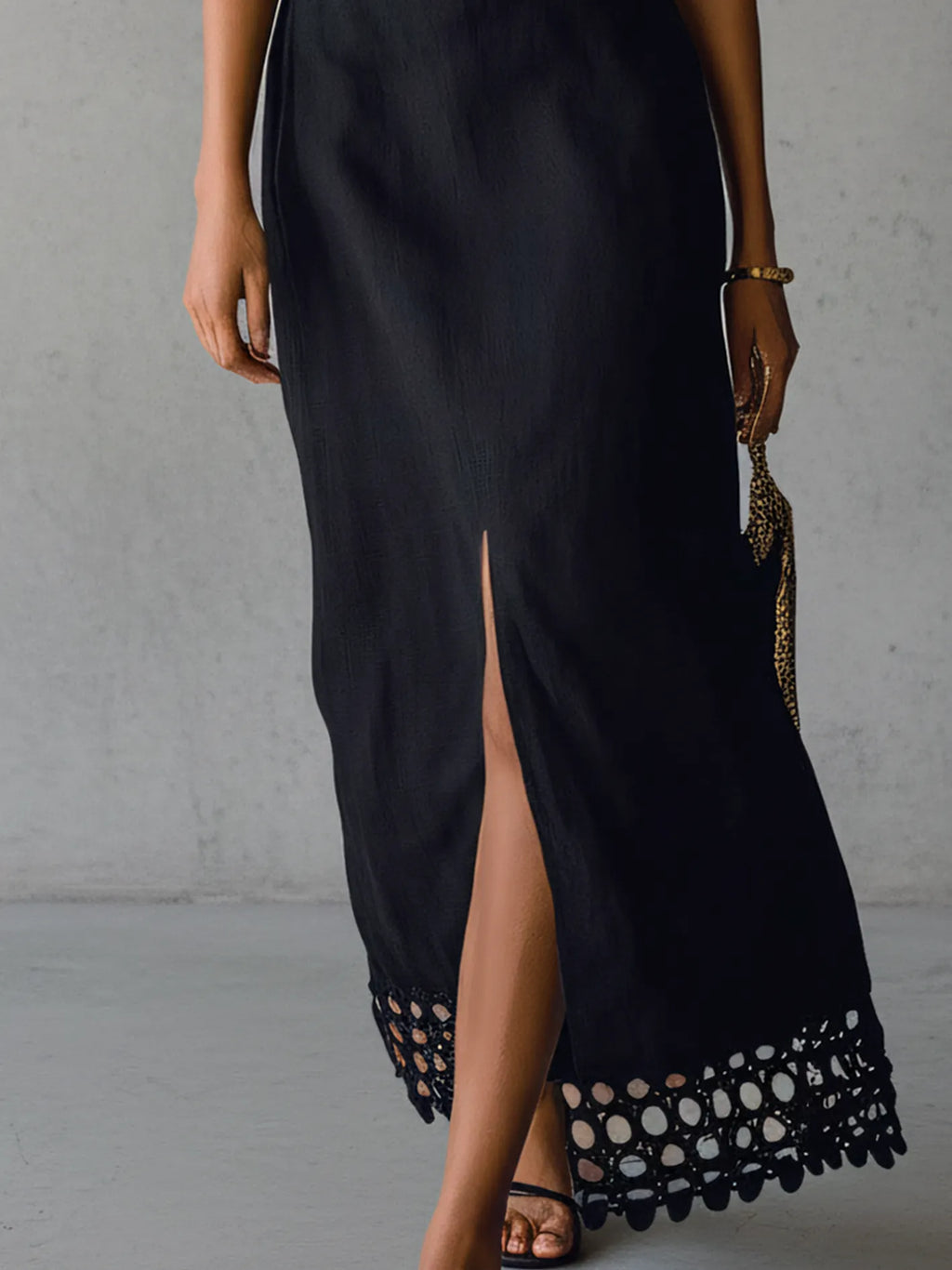 Black Off Shoulder Cotton Linen Midi Dress With Hollow Lace Trim