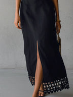 Black Off Shoulder Cotton Linen Midi Dress With Hollow Lace Trim