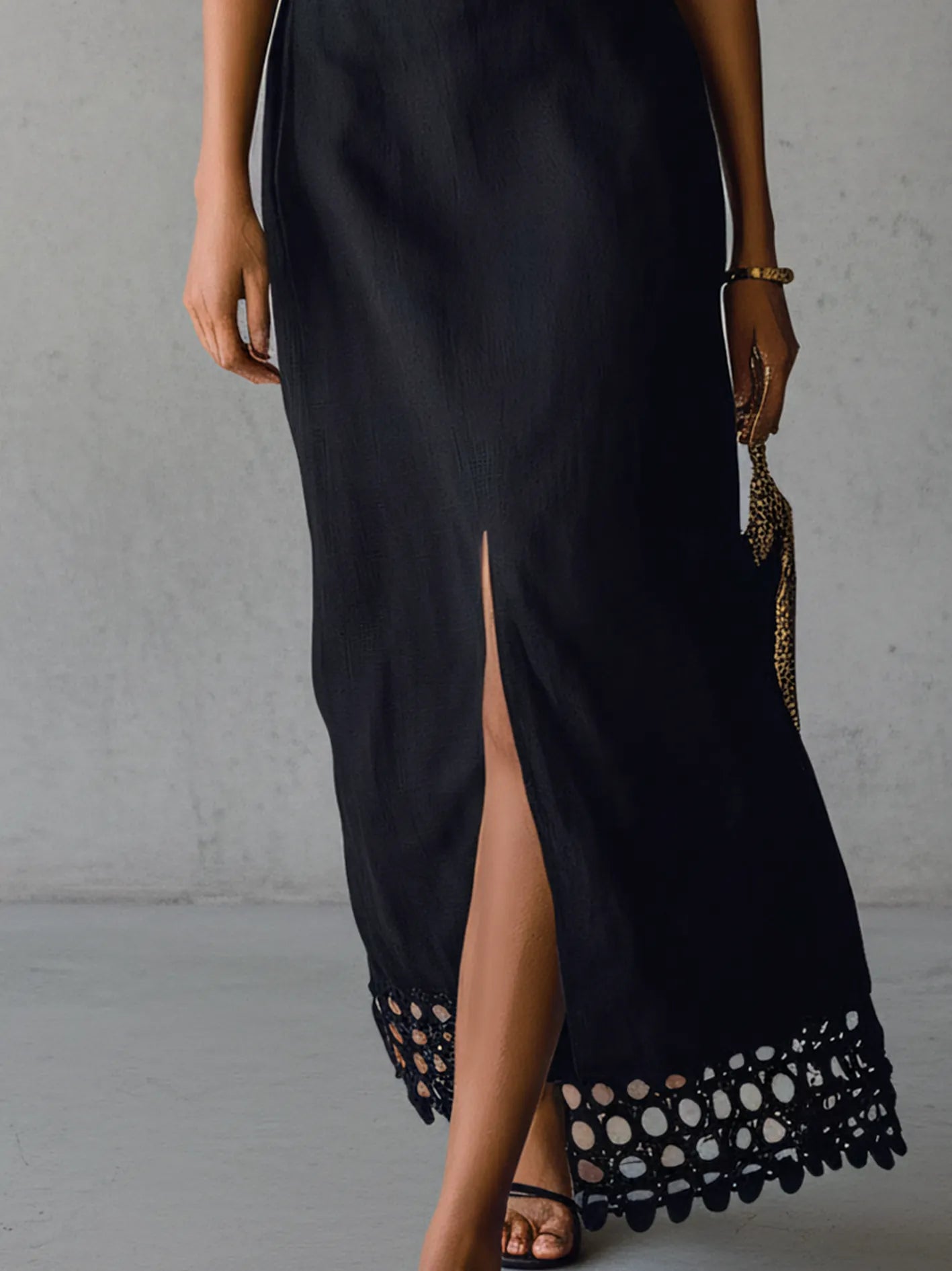 Black Off Shoulder Cotton Linen Midi Dress With Hollow Lace Trim
