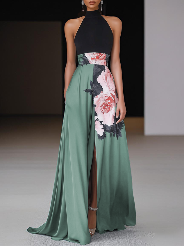 Black Floral Slit Satin Halter Neck Sleeveless A-Line Floor-length Gown Dress