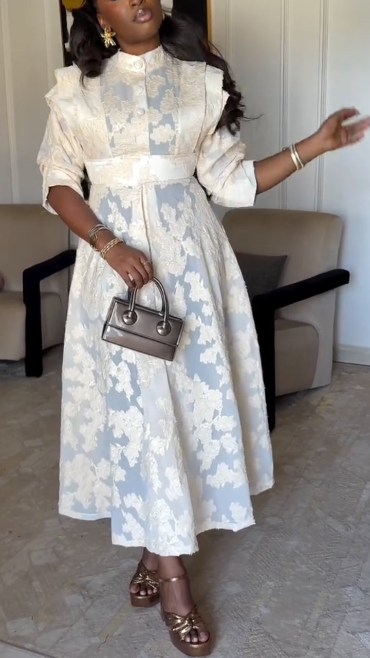 Lace Floral Midi Dress With Stand Collar
