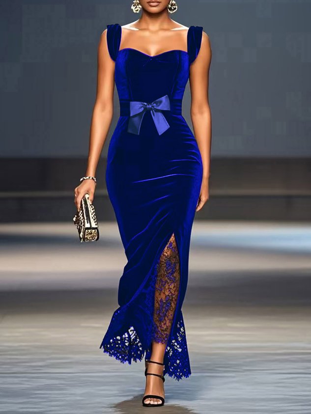 Black Lace Bow Sleeveless Mermaid Maxi Velvet Dress