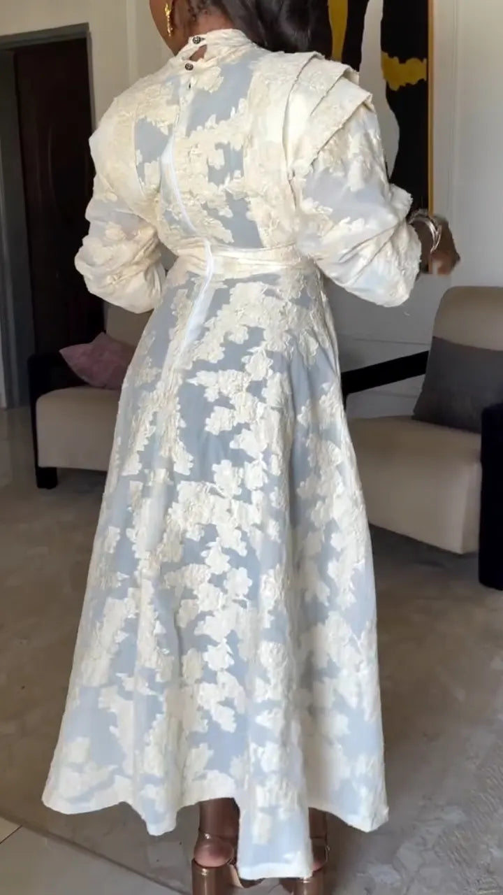 Lace Floral Midi Dress With Stand Collar
