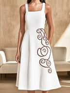 Stylish White A-Line Dress with Brown Swirl Embroidery