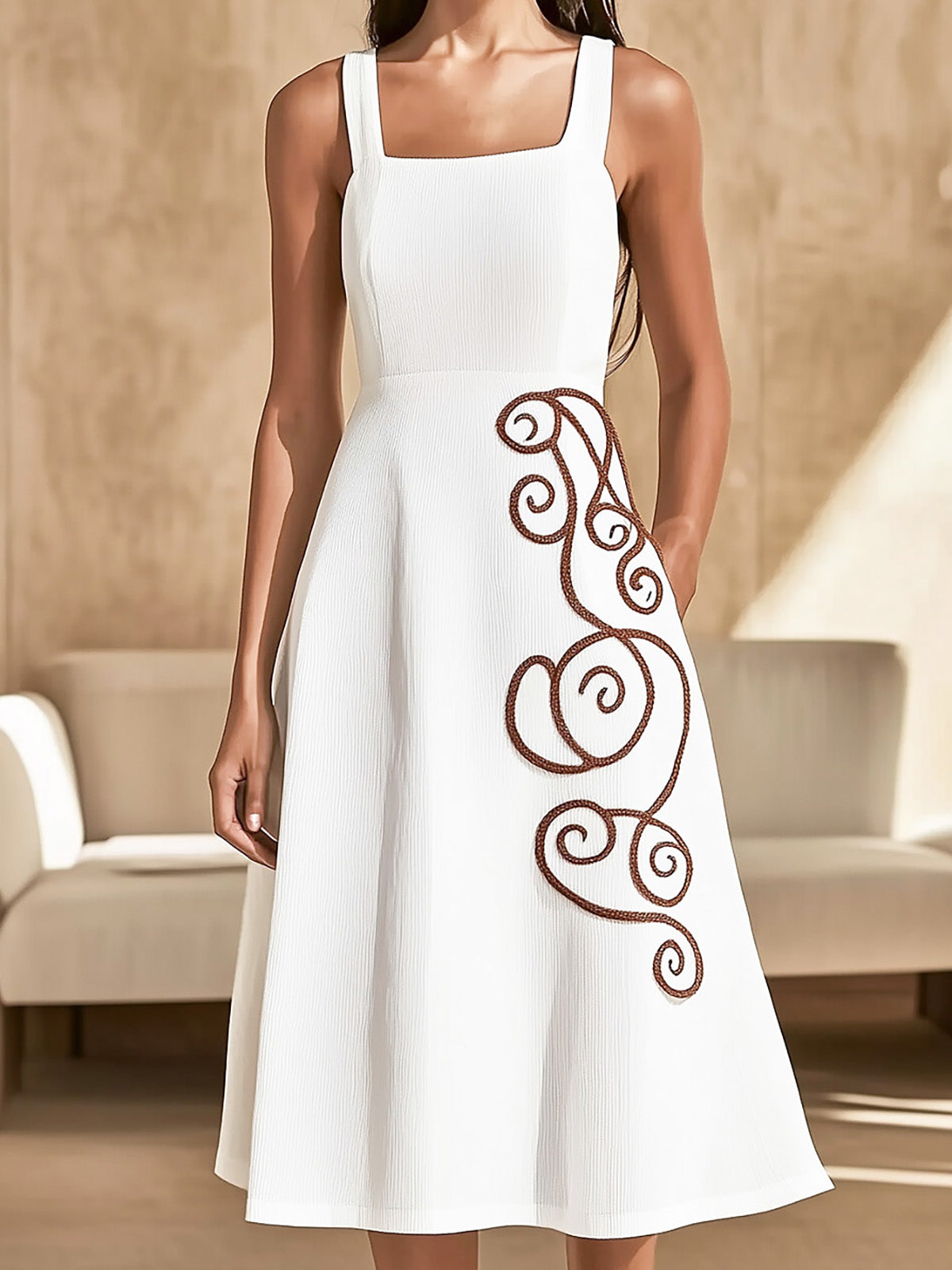Stylish White A-Line Dress with Brown Swirl Embroidery