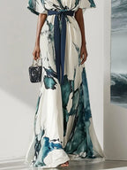 Blue Printing Chiffon V Neck Short Sleeve A-Line Maxi Dress With Belt