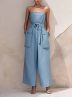 Light Blue Strapless Denim Wide Leg Jumpsuit With Belted Waist