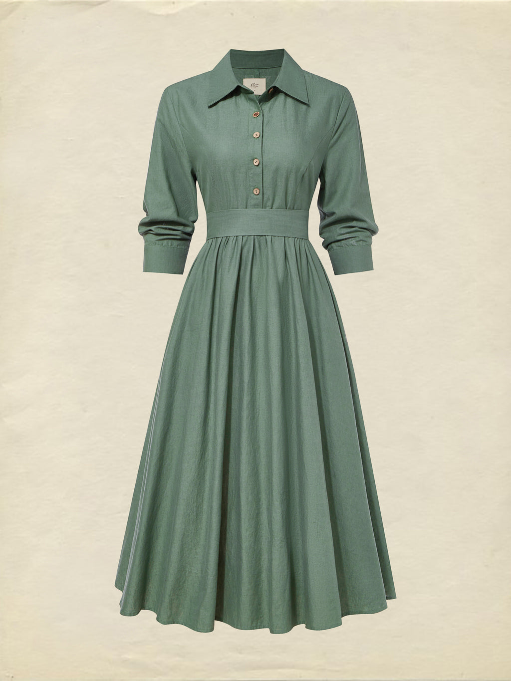 Midi Linen Dress, Half Sleeve,  Linen Blend, Plain, Renaissance, Green