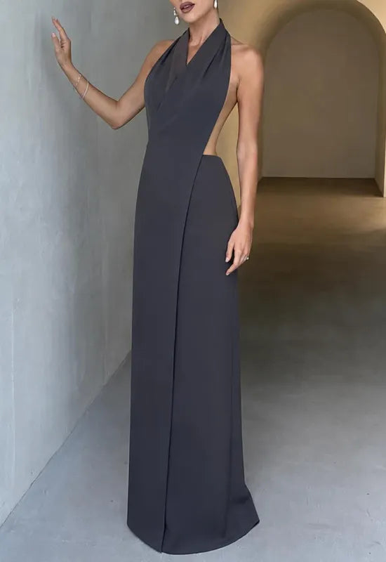 Halter Deep Side Cutout Backless Maxi Dress