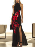 Stylish Black Chiffon Dress with Side Slit and Red Floral Print