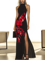 Stylish Black Chiffon Dress with Side Slit and Red Floral Print