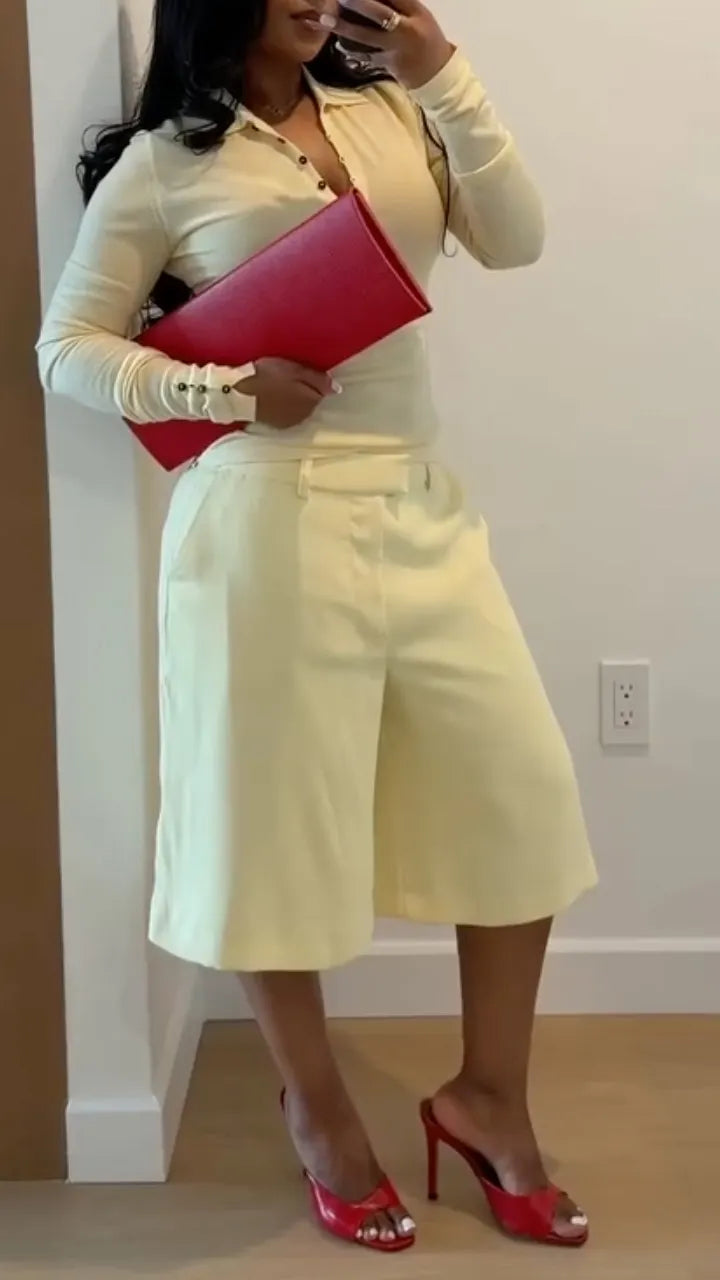 Women's Fitted Button-Up Top & Casual Mid-Length Shorts Set