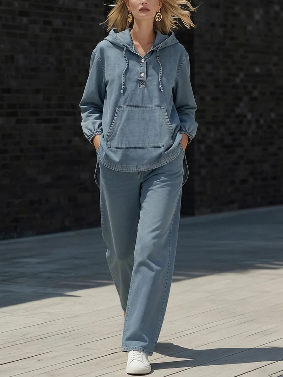 Casual Hooded Button-up Denim Two-piece Set