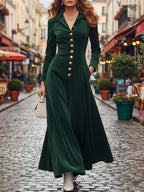 Maxi Cotton Dress, Long Sleeves, Shawl Collar, Plain, Button Design, Vintage, Green
