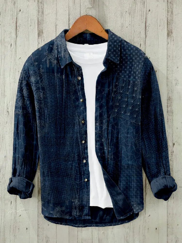 Japanese Traditional Sashiko Art Linen Blend Blouse