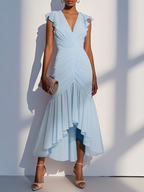 Pink Shirred Ruched Chiffon Lotus Leaf Collar Cap Sleeve Ruffle Sleeve Mermaid Midi Dress
