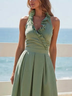 Maxi Linen Dress, Sleeveless, V Neck, Plain, Ruffles, French Vintage, Green
