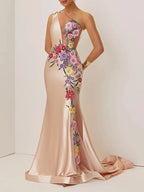 Champagne Satin Applique Embroidery Hotfix Embellished Prom One Shoulder Sleeveless Mermaid Dress