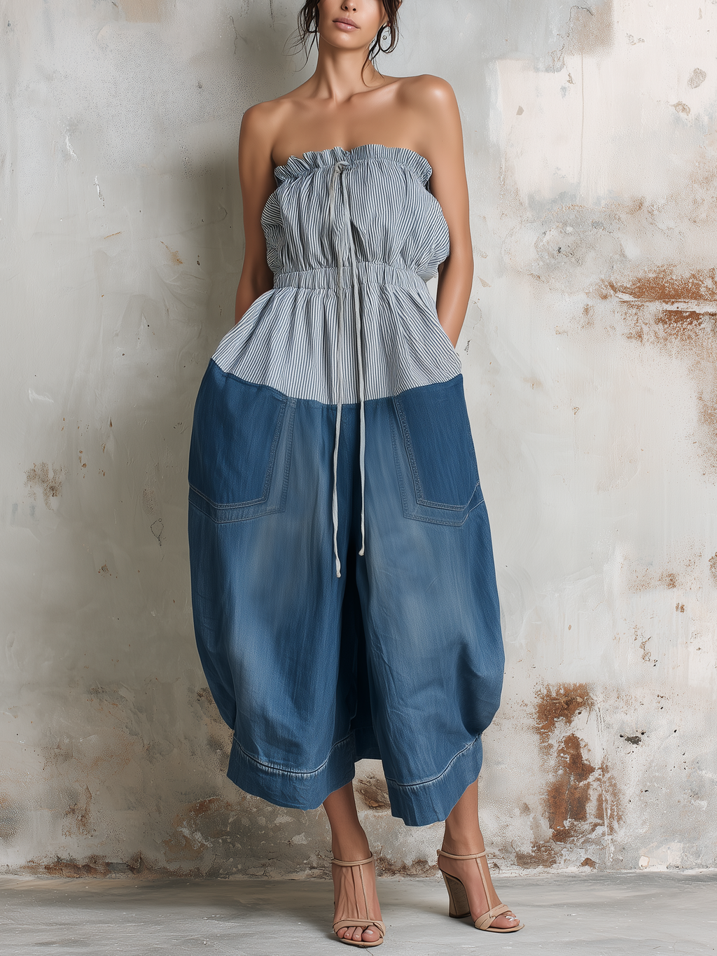 Striped Denim Strapless Wide-Leg Jumpsuit