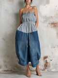 Striped Denim Strapless Wide-Leg Jumpsuit