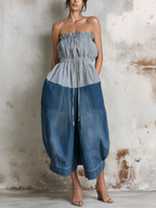 Striped Denim Strapless Wide-Leg Jumpsuit