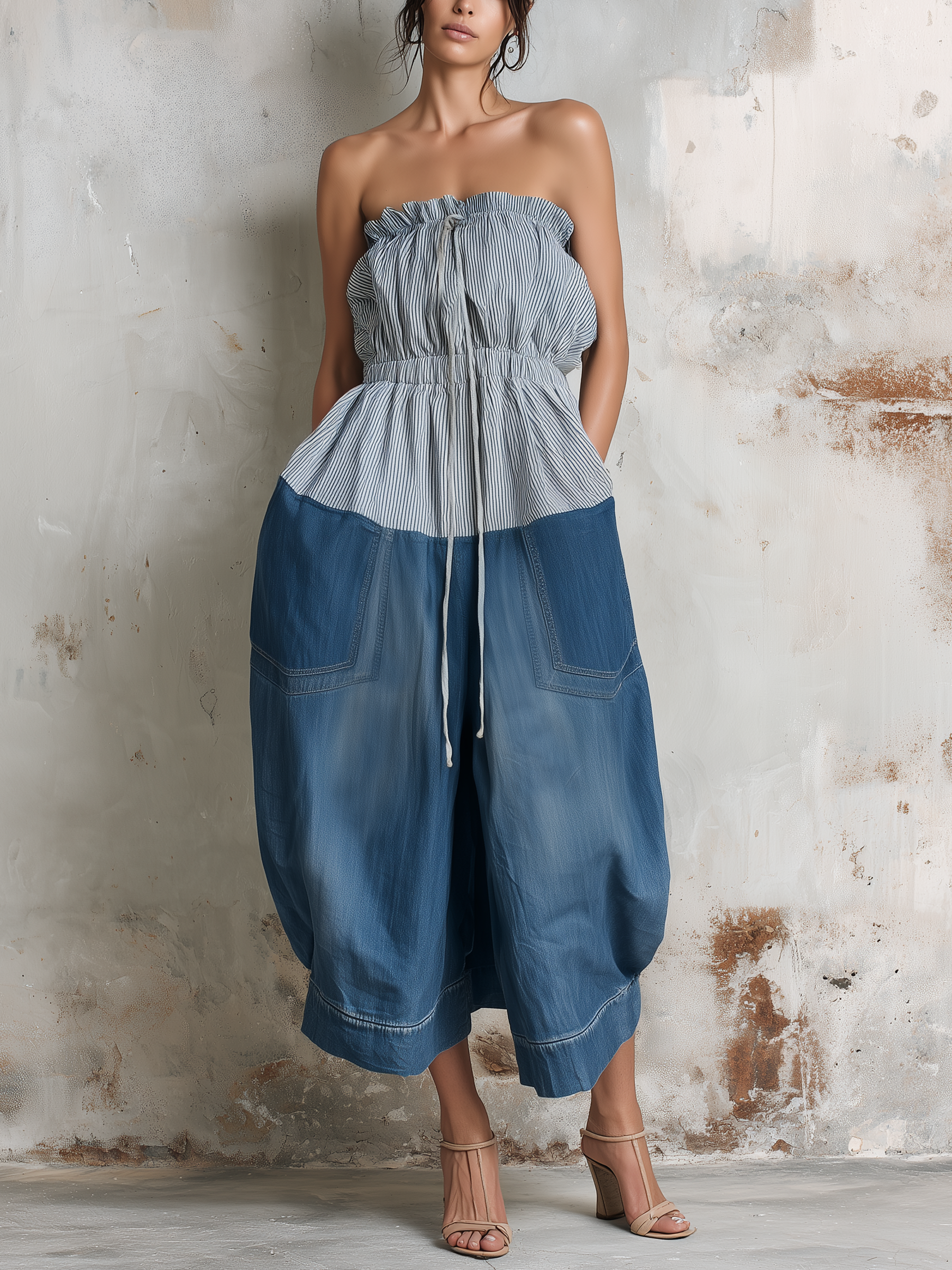 Striped Denim Strapless Wide-Leg Jumpsuit